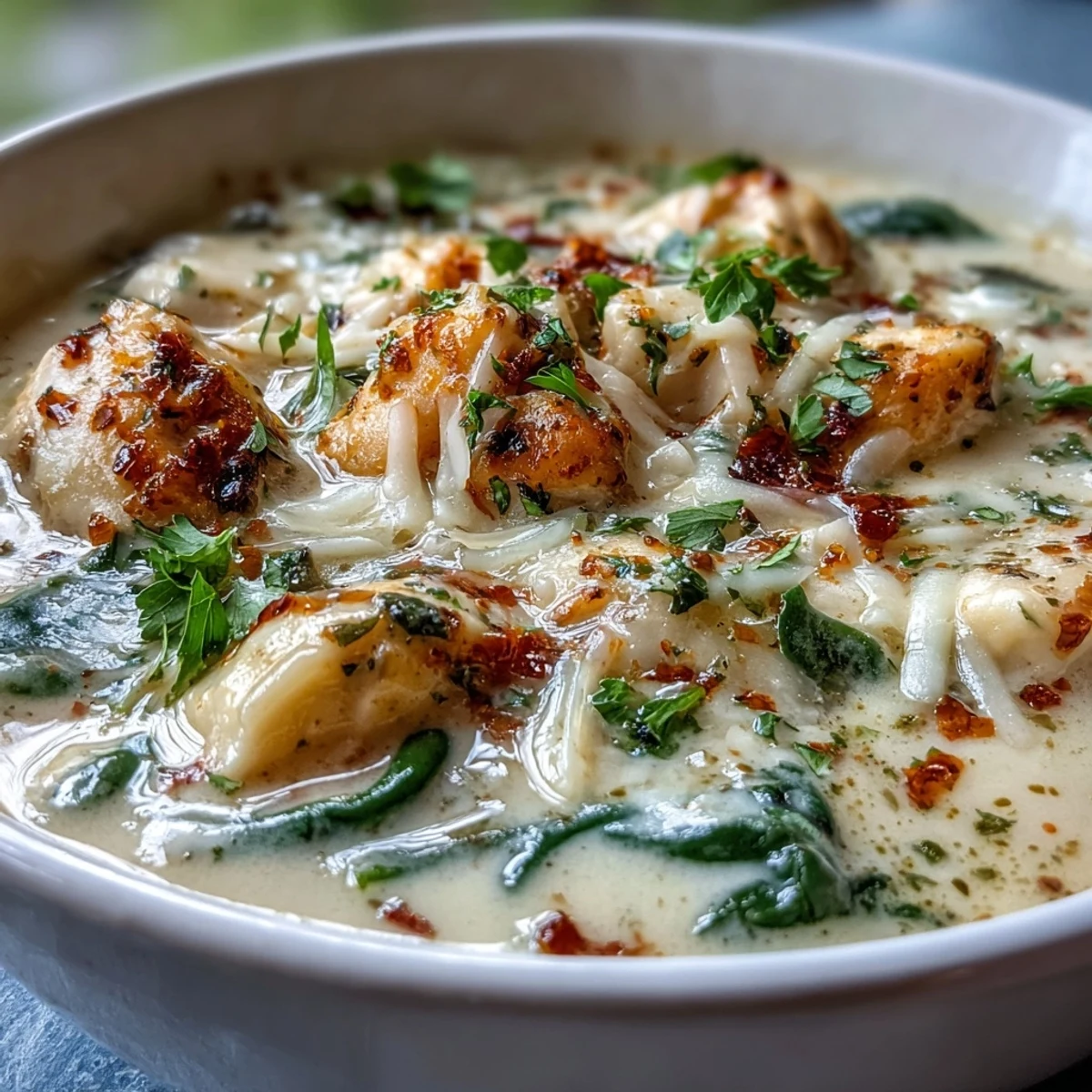 A close-up of Garlic Parmesan Chicken Soup showing shredded chicken and herbs in creamy broth, with a slice of crusty bread on the side.