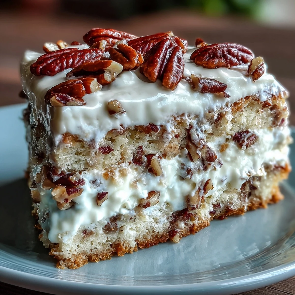 Buttery pecans and whipped cream top this slice of Butter Pecan Tres Leches Cake. 