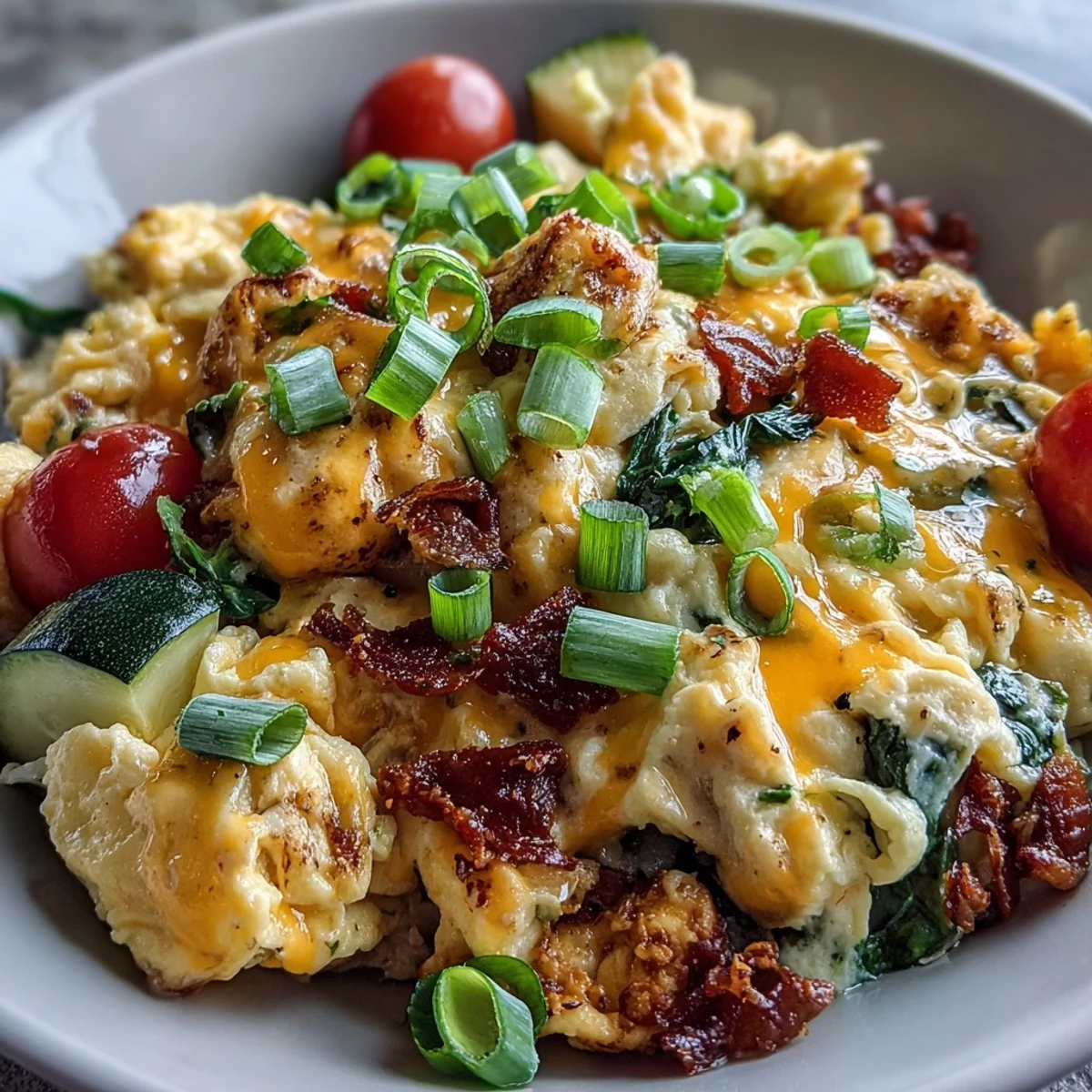 Fluffy scrambled eggs and sautéed veggies topped with melted cheese in this hearty vegetarian breakfast bowl.