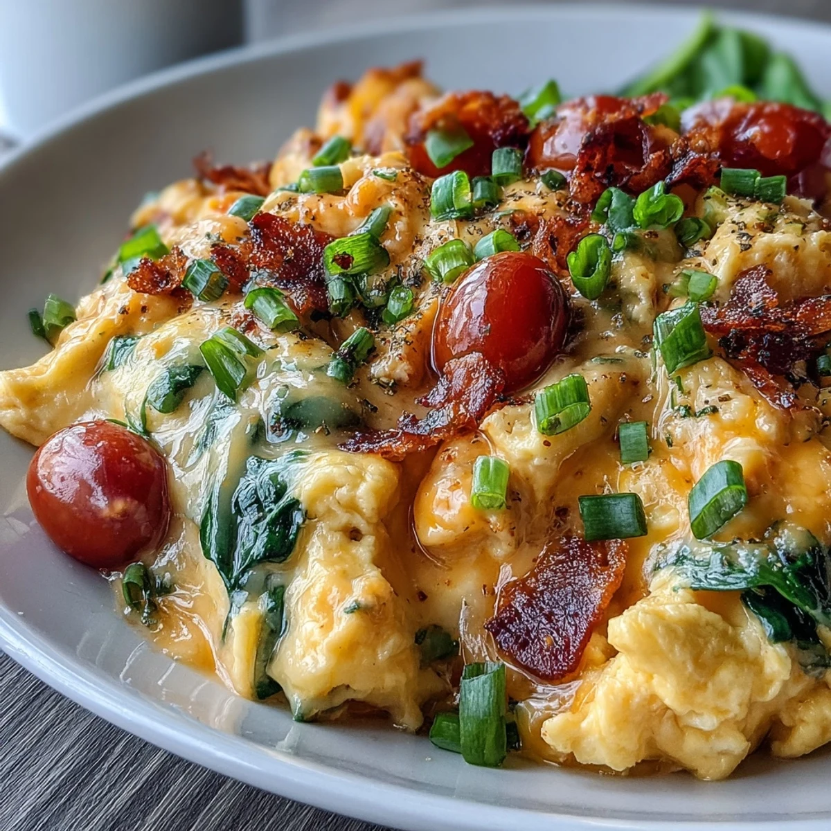 A close-up of a Scrambled Egg and Veggie Bowl featuring soft eggs, spinach, and bright red bell peppers.