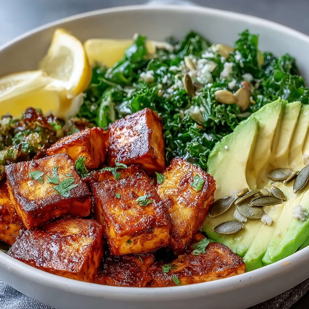 A close-up of a savory Tofu Breakfast Bowl with Avocado and Kale, featuring sautéed kale, spiced tofu cubes, and fresh avocado.