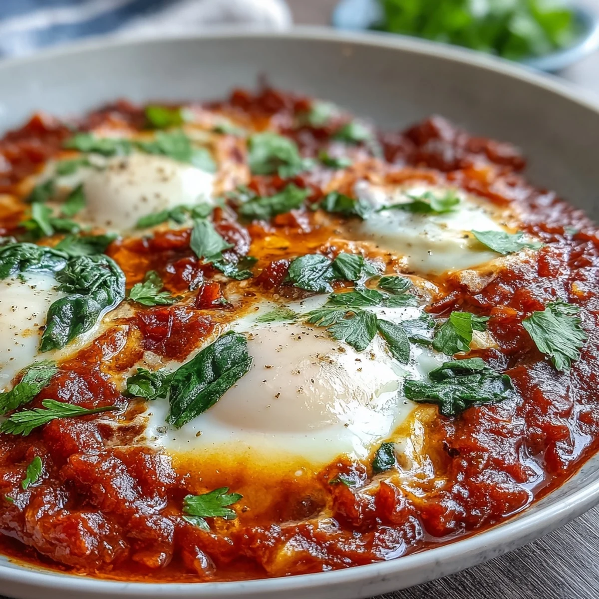 Shakshuka Bowl with poached eggs in a spiced tomato sauce, served with warm pita bread.