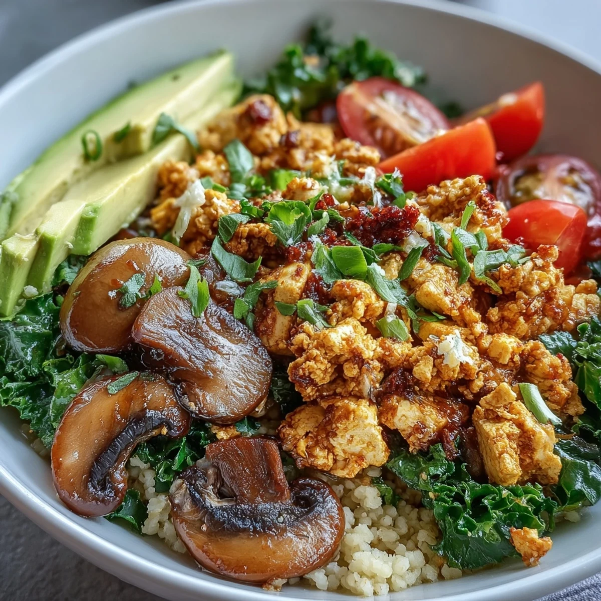 Golden scrambled tofu, garlicky mushrooms, and sautéed kale piled onto fluffy whole wheat couscous in a ceramic breakfast bowl.