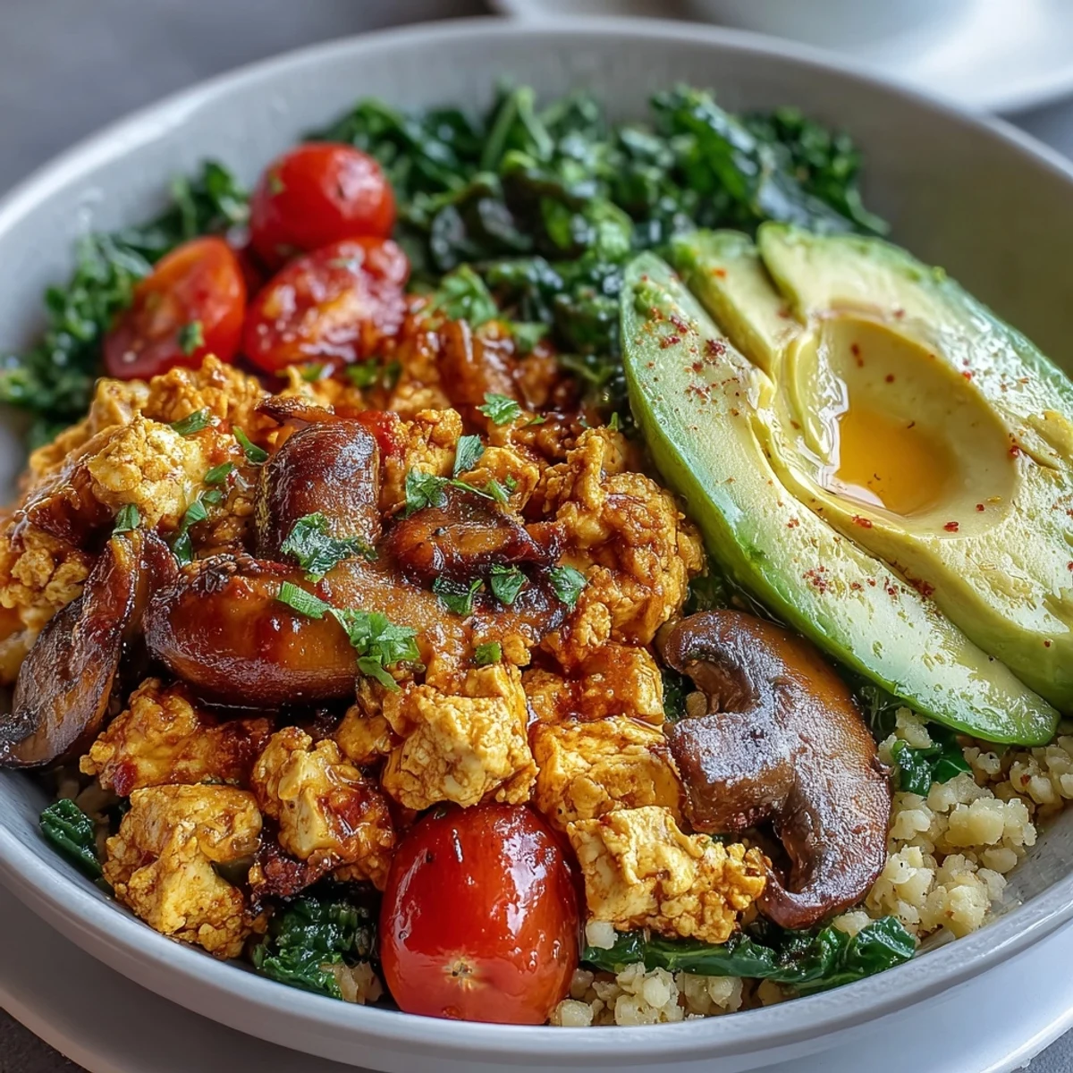 Nutritious Scrambled Tofu Breakfast Bowl featuring golden tofu, sautéed kale, and mushrooms over couscous, topped with cherry tomatoes and lemon.