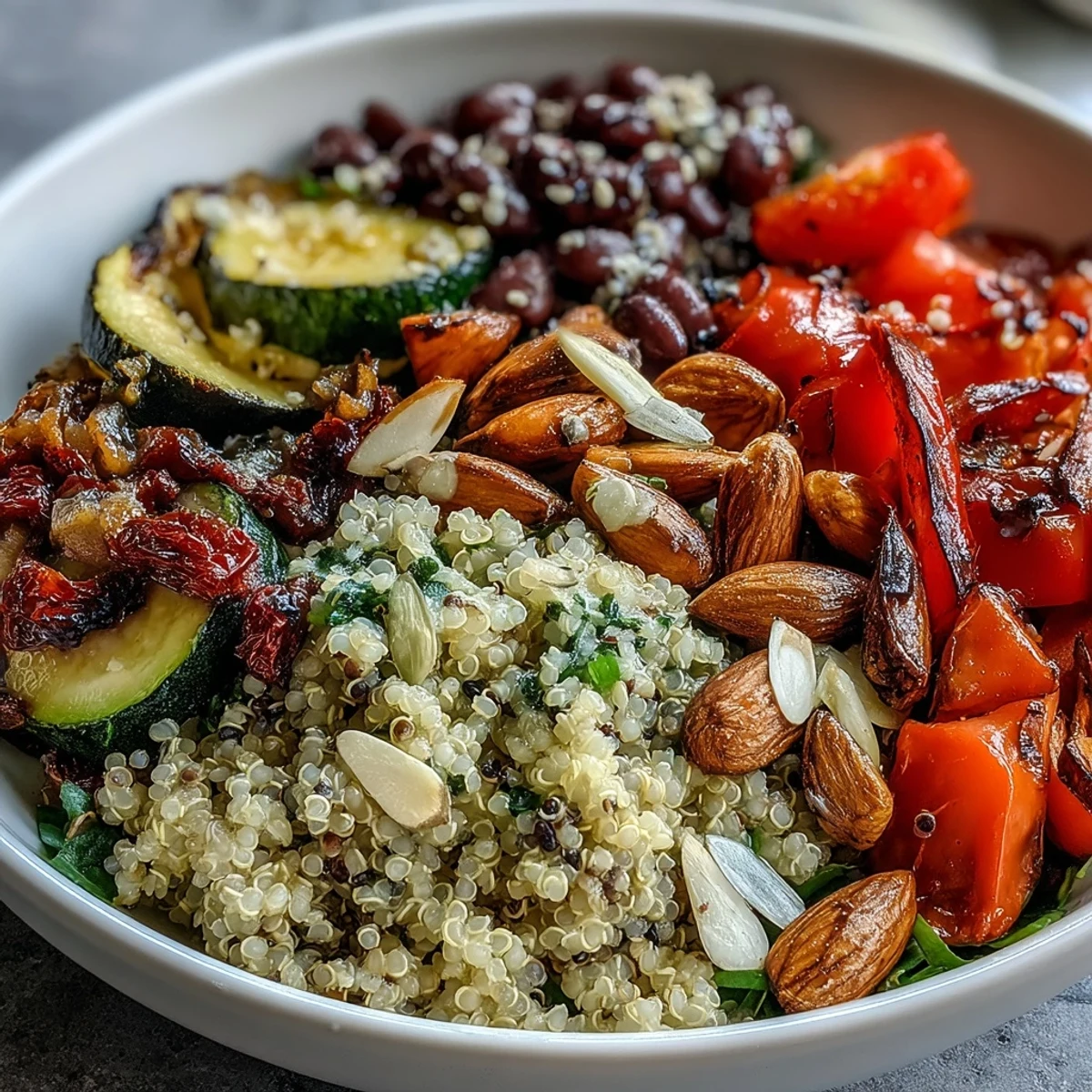 Roasted vegetable Veggie and Quinoa Power Bowl topped with almonds and a drizzle of zesty lemon vinaigrette.