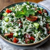 Overhead shot of fresh Lebanese Cabbage Salad featuring diced tomatoes, cucumber, and green onions in a rustic bowl.