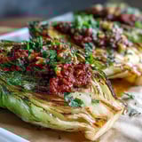 Baked Cabbage Salad With Winter Romesco served warm as a hearty vegetarian main dish, featuring toasted walnuts and lemon wedges.