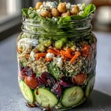 Vibrant mason jar salads packed with colorful vegetables, chickpeas, and grilled chicken for a nutritious lunch.