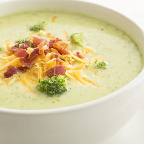 Creamy Broccoli Cheddar Soup, garnished with crispy bacon and extra cheese, ready to be enjoyed.