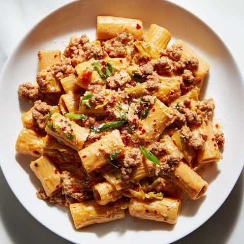 Steaming plate of Chaos Cooking Kimchi Ragu Pasta, with rich red sauce, garnished with green scallions.