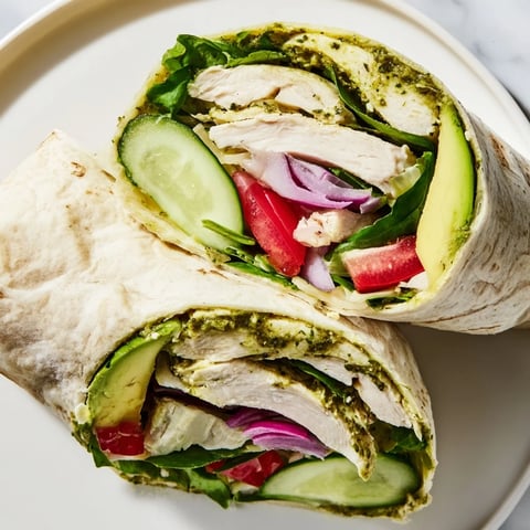 A vibrant Chimichurri Chicken Salad Wrap with grilled chicken, fresh greens, and zesty herbs in a soft tortilla.
