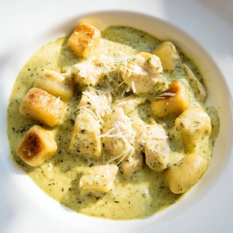 Pan-seared chicken pieces and crispy gnocchi coated in creamy pesto sauce, garnished with fresh basil and grated Parmesan for a comforting Italian dinner.  