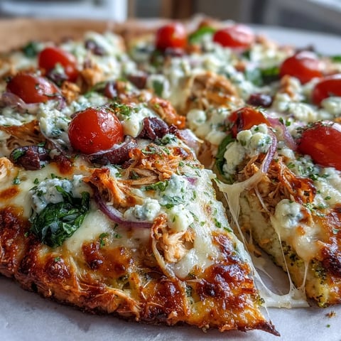 Golden-brown broccoli chicken crust pizza topped with melted mozzarella, vibrant red peppers, black olives, and fresh spinach.