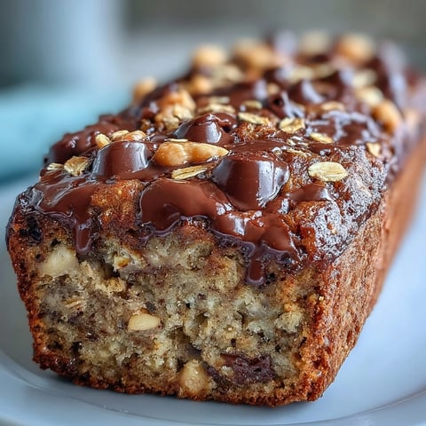 A freshly baked loaf of Chocolate Chip Peanut Butter Oatmeal Banana Bread, showcasing a golden-brown crust and visible chocolate chips.  