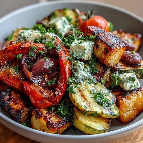 Roasted Greek Salad plated with warm, caramelized vegetables, feta, and olives on a platter.