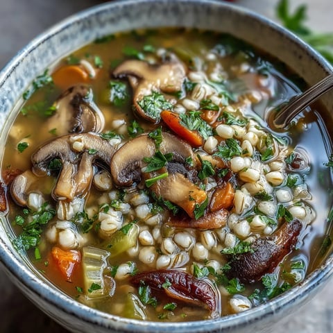 Steaming bowl of homemade Mushroom Barley Soup, featuring tender shiitake and white mushrooms, carrots, and celery in a rich golden broth.