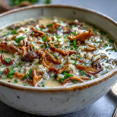 A close-up bowl of creamy Wild Rice Mushroom Soup with tender grains, sautéed mushrooms, and fresh parsley garnish, ready to serve.