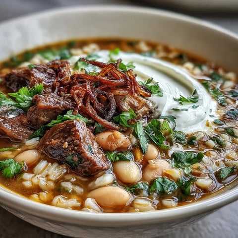 A bowl of hearty beef barley soup topped with a swirl of sour cream and crispy mint-fried onions.