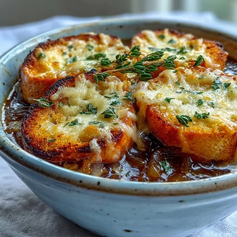 Golden, bubbly Gruyère melts over a toasted baguette slice in this classic French Onion Soup.