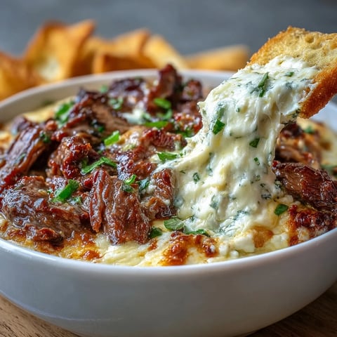 Golden, bubbly Philly Cheesesteak Dip with melted provolone, served hot from the oven with toasted baguette slices.
