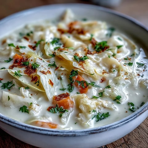 Creamy Potato Soup with Cabbage in a rustic bowl, topped with fresh parsley and served with crusty bread.