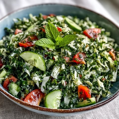 Bright, chopped Lebanese Cabbage Salad with parsley and mint in a white bowl, drizzled with lemon-olive oil dressing.