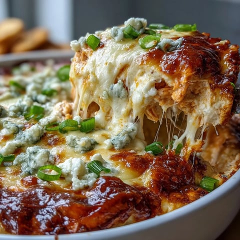 Steaming hot Buffalo Chicken Dip fresh from the oven, topped with melted cheddar and fresh green onions.