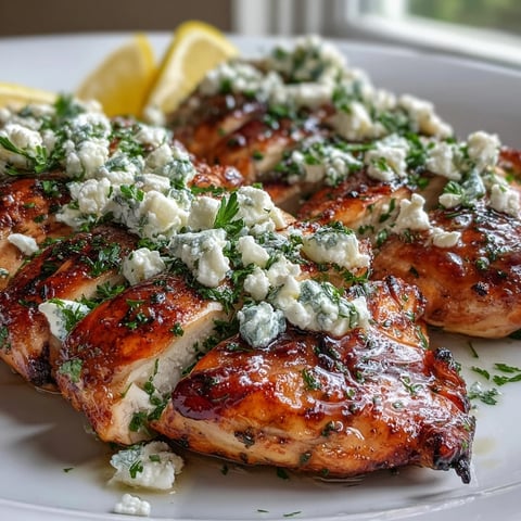 Greek Chicken with Lemon and Feta garnished with parsley and lemon wedges, ready to serve.