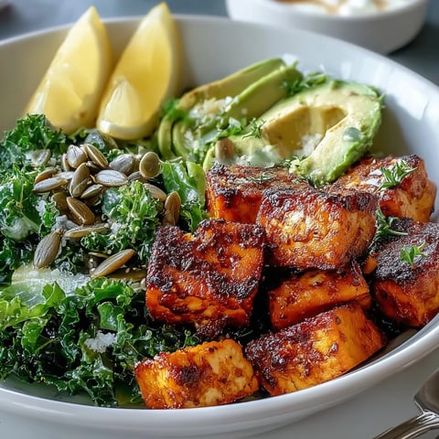 Crispy golden tofu and wilted kale in a Tofu Breakfast Bowl with Avocado and Kale, topped with creamy avocado slices and lemon wedges.