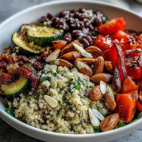 Roasted vegetable Veggie and Quinoa Power Bowl topped with almonds and a drizzle of zesty lemon vinaigrette.