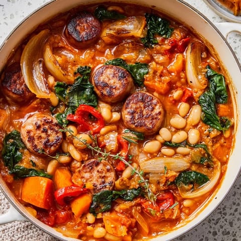 Sizzling browned sausage in a rich One-Pot Sausage and White Bean Hearty Stew, ready to serve.