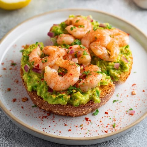 Image shows delicious Quick Shrimp and Avocado Tostadas, garnished beautifully for a flavorful Mexican-inspired meal.