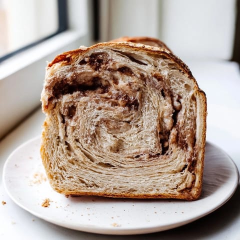 Freshly baked Homemade Cinnamon Swirl Raisin Bread with visible cinnamon swirls and plump raisins ready to slice.