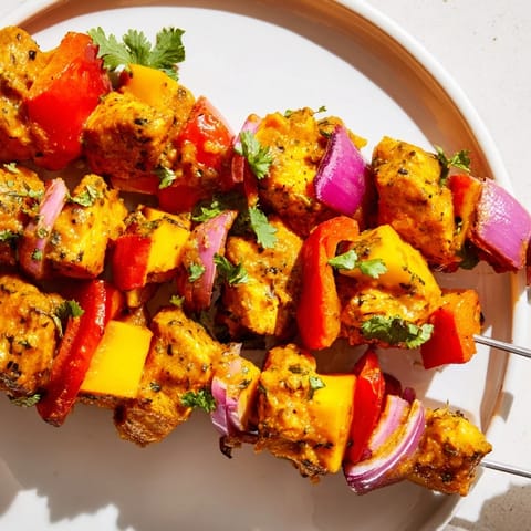 Vibrant skewers of Mango Lime Chicken, expertly grilled with colorful bell peppers; perfect for entertaining.