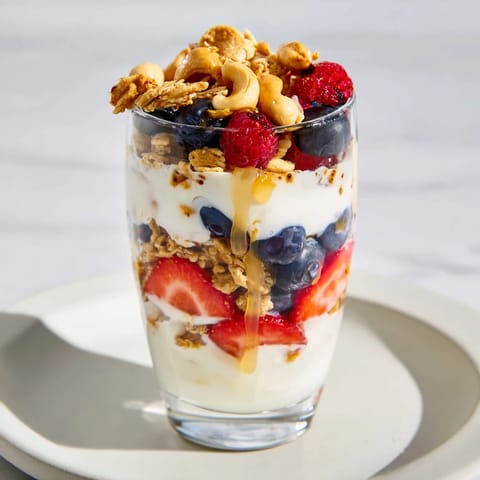 A beautiful Cashew Butter Yogurt Parfait with ripe, juicy berries and a crunchy granola topping.