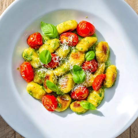 Delicious pan-fried crispy gnocchi coated in vibrant basil pesto, ready to serve with Parmesan.