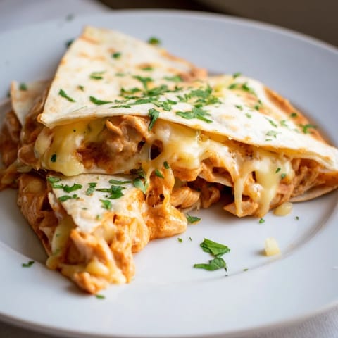A close-up view of butter chicken quesadillas, showing the melty cheese and spicy chicken filling.