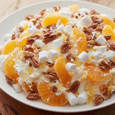 Close-up of chilled Elevated Ambrosia Salad, with fluffy marshmallows and bourbon-infused whipped cream visible.