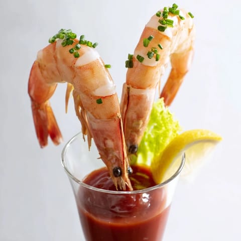 Elegant appetizer: chilled retro prawn cocktail shooters, each shot glass elegantly garnished.