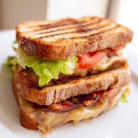 A stacked Vegan Bacon BLT Grilled Cheese shows crisp greens, juicy tomato, and a buttery crust.  