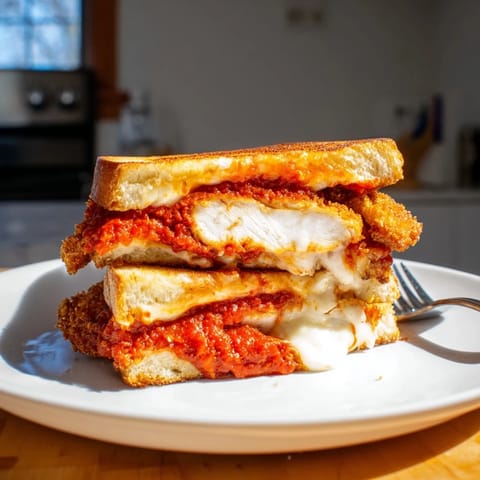 A close-up of a chicken Parm grilled cheese, featuring crunchy bread, rich tomato sauce, and gooey cheese.