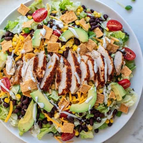 A close-up shows a drizzle of creamy dressing over the Crunchy Taco Chicken Salad, highlighting fresh cherry tomatoes and colorful ingredients.