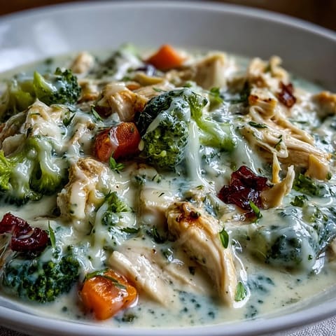 Creamy Chicken Broccoli Cheddar Soup served hot, with tender chicken and vibrant broccoli florets in a rich broth.