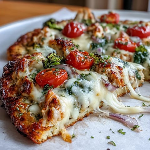 Gluten-free broccoli chicken crust pizza with colorful veggies and bubbling cheese, served warm on a wooden cutting board.
