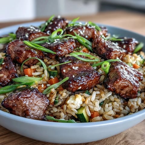 Fork-tender beef and colorful vegetables sizzling in a wok for this Easy Hibachi Steak With Fried Rice.