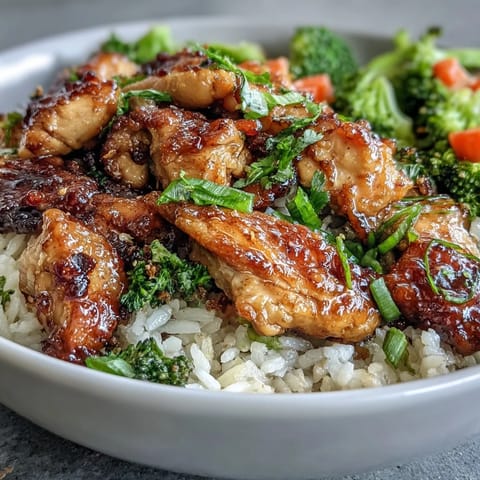 Tender pieces of chicken and crisp broccoli in a one-pan honey garlic chicken broccoli rice dish, garnished with fresh green onions and sesame seeds.