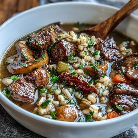 Close-up of creamy Beef and Barley Soup with Mushrooms in a rustic bowl, steam rising invitingly.