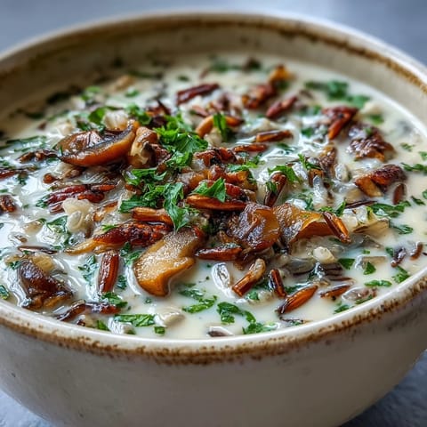 Hearty bowl of homemade Wild Rice Mushroom Soup, steam rising from the rich broth and earthy mushrooms beside crusty bread.