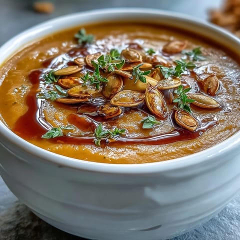 Roasted cubes of Butternut Squash Soup in a white bowl with a maple drizzle and thyme garnish.