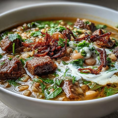 Steaming beef barley soup with tender beef, barley, and fresh herbs, served in a rustic bowl.